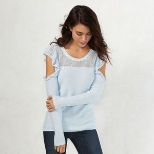 LC LAUREN CONRAD Sweater Ruffle Cold-Shoulder Eyelet Lace Blue